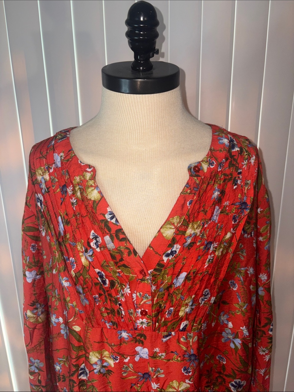 Terra & Sky Red Floral Babydoll Dress Plus Size 3X Tiered Boho Long Sleeve Mini - Picture 3 of 6